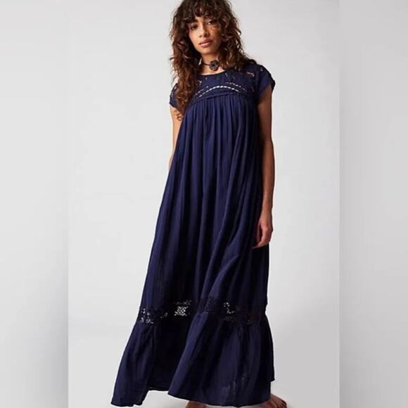 Free People Dresses & Skirts - Free People Blue Short Sleeve Maxi Dress Size L New